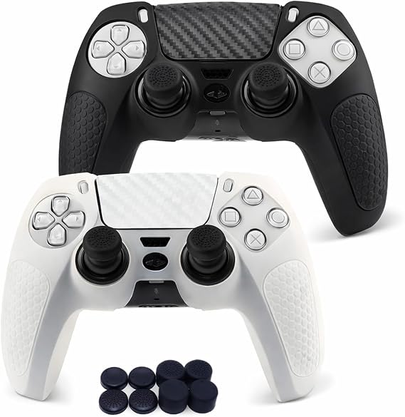 2 Pack Silicone Controller Skins Anti-Slip Cover Case Protector Sleeve for PlayStation 5 /PS5 Controller with 4 Pack Paw Prints Thumb Grips (Black&White)