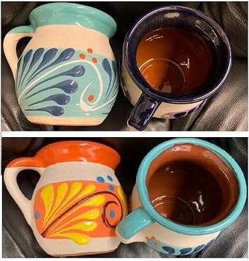 4 Mexican Coffee Mugs Jarritos Mexicanos Flower design Tazas de Barro Micnocana Ponchero Hot Chocolate Champurrado Tepache Pulque Traditional Clay Party Dish China Made in Mexico