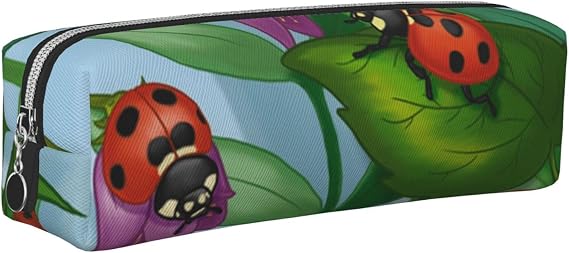 Ladybug on Printed Leather Pencil Case with Silver Zipper - Simple and Lightweight Organizer for School, Office, Travel, Makeup
