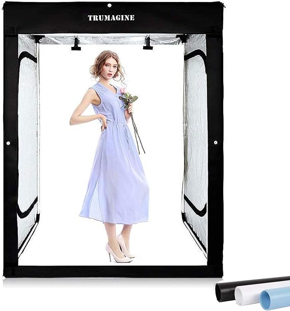 Light Box Photography LED Photo Studio Large Lightbox Professional 47x39x78 inch Dimmable Video Continuous Lighting Cube Shooting Tent Kit for Product Photography with Blue/White/Black PVC Backgrounds
