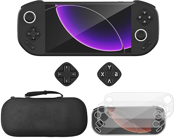Tuvzylory Accessory Kit Compatible with MANGMI Pocket Max Handheld Console Tempered Glass Screen Protector Mechanical Button Caps Hard Shell Storage Bag Gaming Accessories Use (Black)