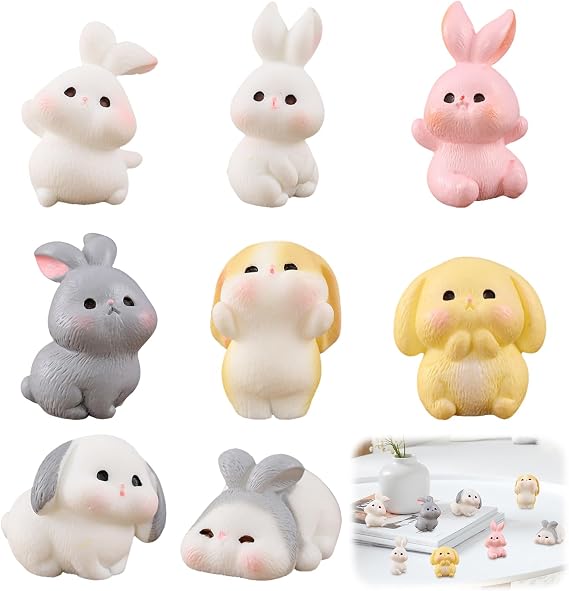 8 PCS Rabbit Figures Toys Bunny Cake Topper,Miniature Rabbit Figure,Bunny Tiny Animals Miniature Rabbit for Easter Egg Fillers Garden Dollhouse Rabbit Fairy Garden Moss Landscape (8P)