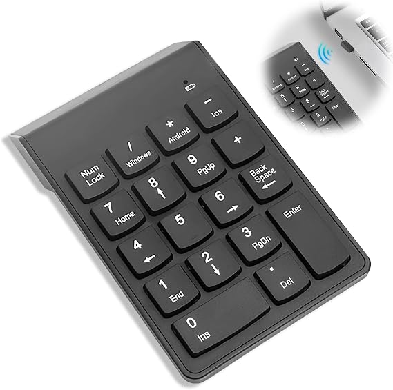 Wireless Numeric Keypad, 2.4G Portable Number Pad with USB Receiver | 18 Keys Office Calculating Numberpad Compatible with Windows OS X System Laptop Notebook Desktop PC Computer Plug and Play