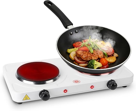 Electric Countertop Double Burner, 2000W Cooktop with Cast Iron Hot Plate, 5 Level Temperature Control, Easy to Clean, Indicator Lights, Cooking Stove for Office Home Camping RV