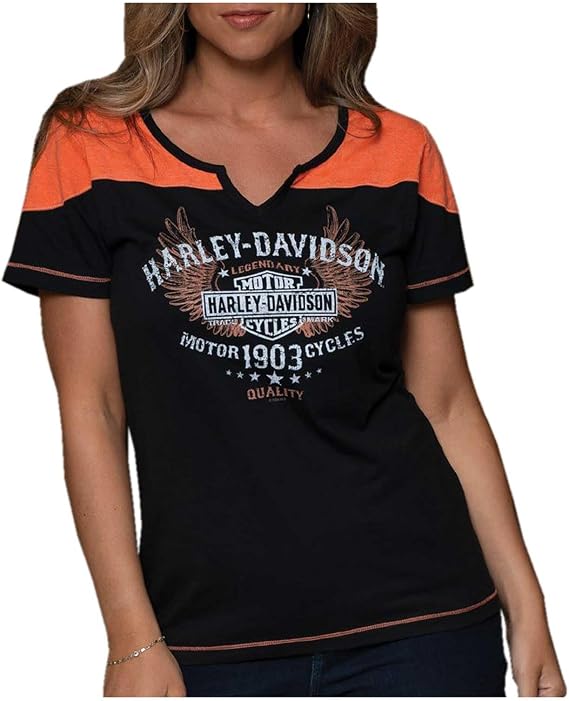 Harley-Davidson Women's Righteous Notched V-Neck Colorblocked Tee, Black/Orange