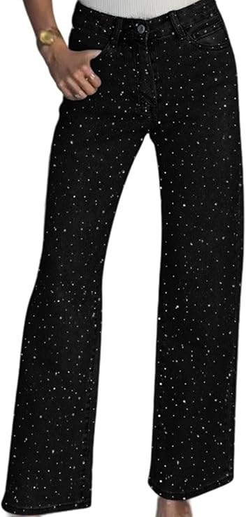Famnbro Womens Rhinestone Jeans Baggy Y2K Wide Leg Sparkly Denim Pants