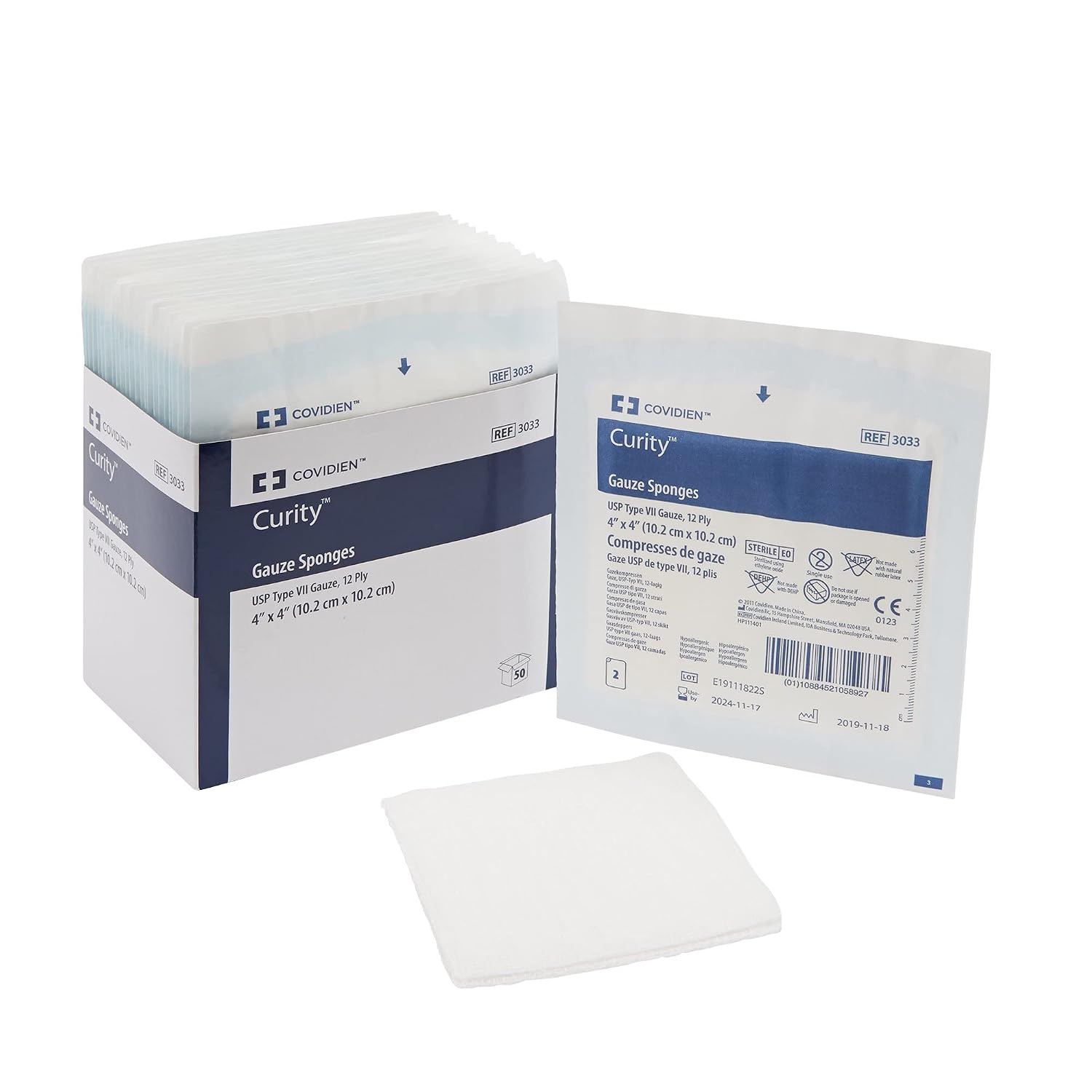Covidien 3033 Curity Gauze Sponges, Sterile, 12-Ply, 4 x 4"