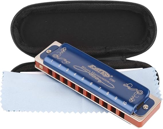 Professional Harmonica Blues Key of B 10 Hole 20 Tone Heavy Duty with Case & Cleaning Cloth for Professional Player, Beginner, by Eison-East Top,Blue,Best Gift
