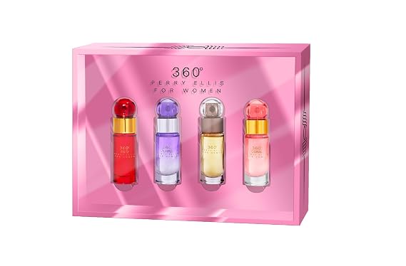 Perry Ellis 360 Women's Mini Gift Set - 360 Women, 360 Coral, 360 Purple, 360 Red (4-pack of .25 fl oz EDP mini travel sprays) - fresh, fruity, floral