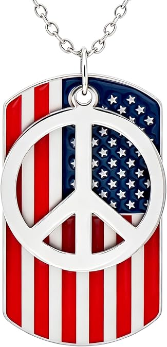 Paialco Peace Sign American Flag Pendant Necklace for Men & Women | Patriotic, Military, 27 Inches Ball Chain