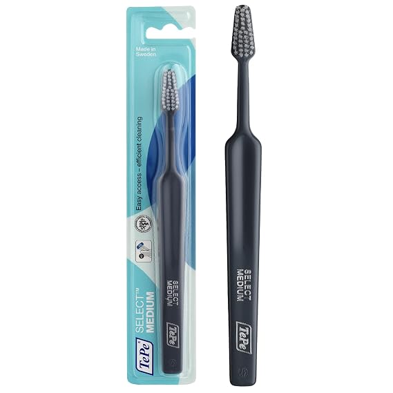 TePe Select Medium Toothbrush, Adult Medium-Bristle Toothbrush with Tapered Head and Angled Neck, Pack of 1