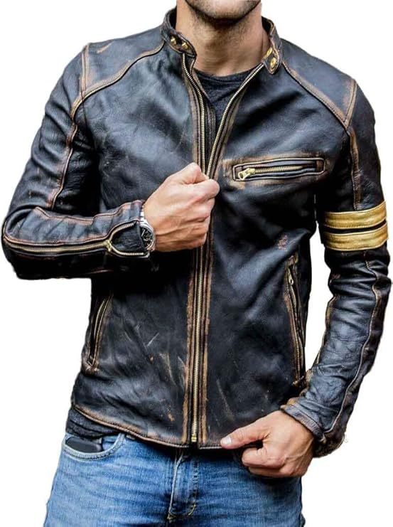 Real Lambskin Leather Jacket Men's in Cafe Racer Vintage Styling | YKK Zippers, vegetable-tanned distressed black full-grain leather, zipped sleeves and exterior pockets , 3 inner pockets