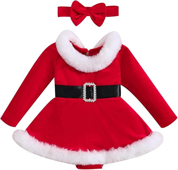 Bonangber Baby Girl Christmas Dress Santa Claus Romper Dress Red Velvet Long Sleeve Princess Tulle Dress with Headband