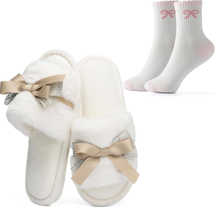 GOEWY Fuzzy Cute Bow Slippers for Women with Memory Foam Best Gifts