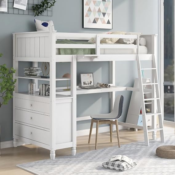 Twin Size Wooden Loft Bed with Desk and, Drawers & Shelves, White - Kids Loft Bed for Small Spaces (White)