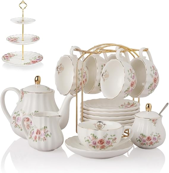 Porcelain Tea Sets British Royal Series, 8 OZ Cups& Saucer Service for 6, with Teapot Sugar Bowl Cream Pitcher Teaspoons and tea strainer for Tea/Coffee with 3 Tier Ceramic Cake Stand(Rose Flower)