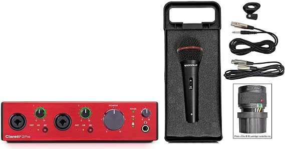 Audiosavings Bundle: Focusrite Clarett+2Pre USB-C Audio Recording Interface, 2 Mic Preamps/JFET/ADAT Bundle with Rockville RMIC-SR Handheld DJ Vocal Recording Wired Microphone+Cable+Mic Case (2 Items)