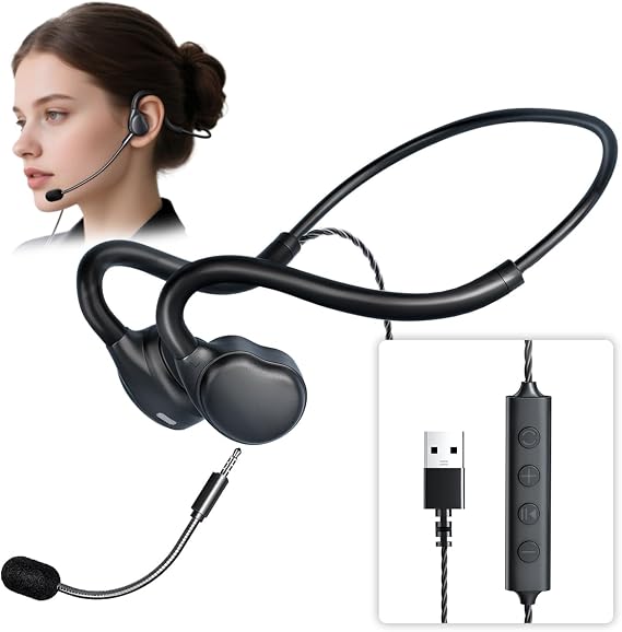 Open Ear Headphones - USB Wired Headset with Microphone for PC, Comfortable Computer Headset with Noise Cancelling & Crystal Clear Calls for Call Center, MS Teams, Skype, Webinars and More