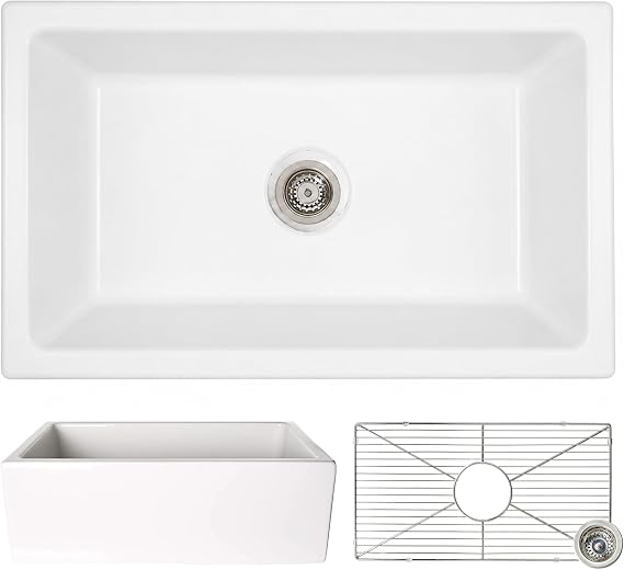 Zuhne Ostia 33-Inch White Fireclay Farmhouse Kitchen Sink, Reversible Fluted or Smooth Apron Front, Single Bowl, Quick Drain Dry, 33 x 18 1/8 x 10 in