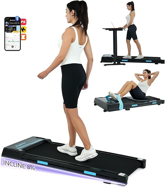 Ksports Walking Pad & Folding Treadmill 2.5HP, Sit-Ups Mat, Bluetooth App, Portable Wheels | Incline, Desk, Dual Displays, 308 lbs & 265lbs Capacity