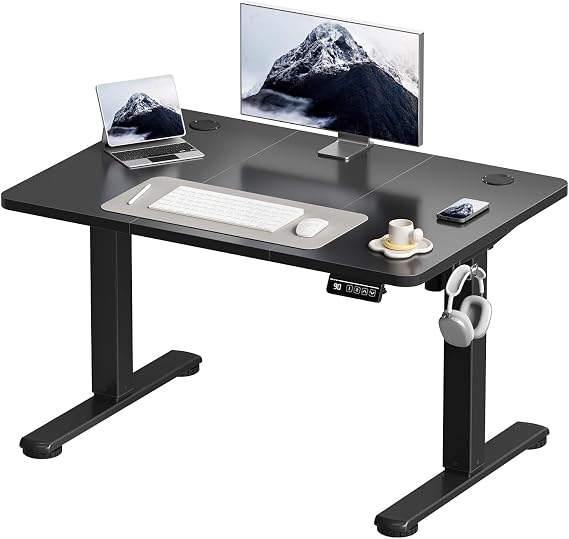Devoko Electric Standing Desk 100x60cm Sit Stand Table Height Adjustable Desk with Backpack Hook and Memory Smart Panel, Home Office Table with Splice Board, Black