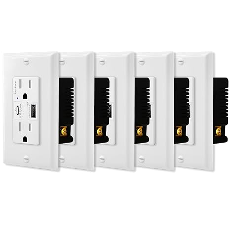 NineLeaf 24W USB C Charger Outlet,5Pack 4.8A Quick Charge USB C Outlets Receptacles, 15 Amp Type C Supports PD & QC 3.0,USB C Wall Outlet, Tamper Resistant White,Wall Plate Included UL Listed