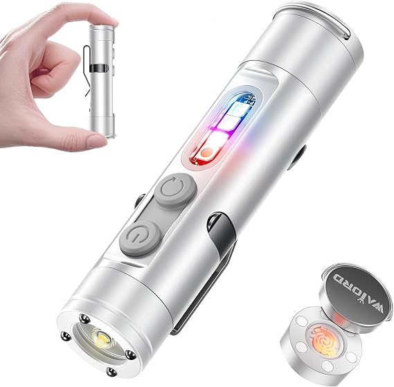 Taclite Mini - Ultimate Everyday Micro Tool K2 Mini Flashlight with COB Light, 6-in-1 Rechargeable Magnetic Keychain Torch with Window Breaker & Electric Lighter - EDC Survival Tool (Silver)