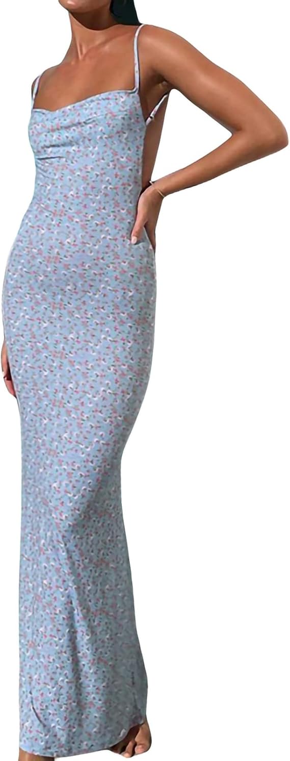 Edhomenn Women Y2k Cutout Maxi Dress Spaghetti Strap Backless Cocktail Dresses Floral Printed Sexy Bodycon Long Dress