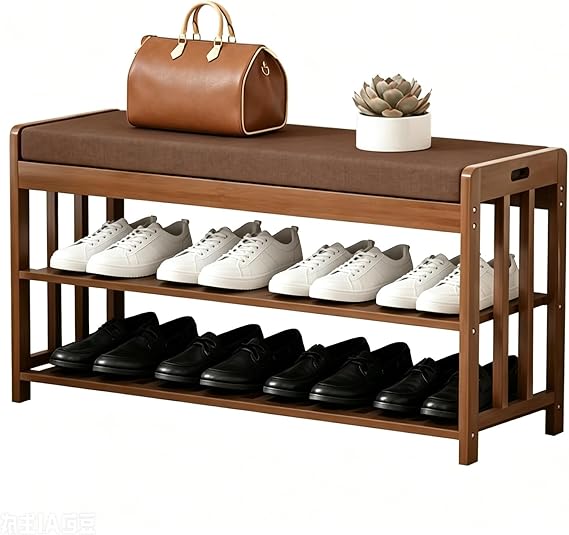 Shoe Storage Bench with Cushion, 2 Tier Wooden Shoe Rack