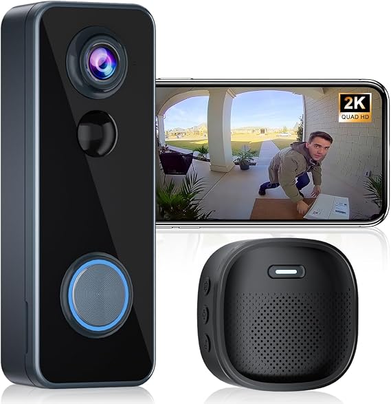 Doorbell Camera Wireless, Head-to-Toe Video - No Subscription Required,2K HD Live View, Two-Way Talk,Smart Video Doorbell with Chime,Battery Powered,Motion Alerts,Works with Alexa &Google(2.4G WiFi)