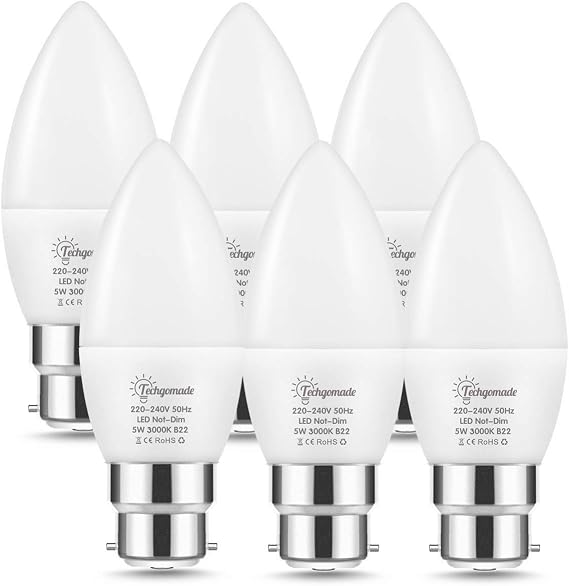 B22 LED Candle Light Bulbs, Techgomade 5W Equal to 60W Frosted Bayonet Lights, Warm White 3000K, Brighter 500LM, Non-Dimmable, Ideal for Chandeliers, Wall Lamps, Ceiling Fixtures, Pack of 6