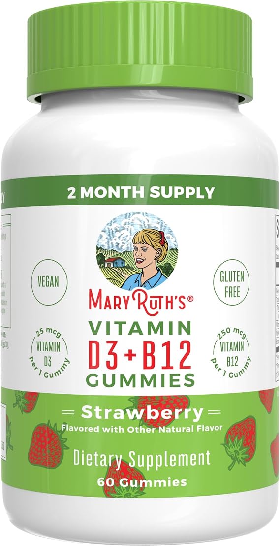 MARYRUTH'S Vitamin D3 + B12 Gummies for Ages 4+ | Bone Health | Immune Support | Energy Metabolism | Cognitive Function | Vegan | Non-GMO | Gluten Free | 60 Servings | 2 Month Supply