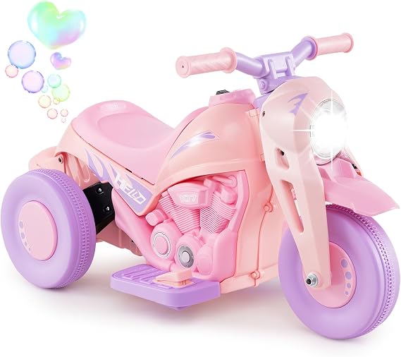 Costzon Kids Motorcycle, 6V Battery Powered Ride on Motorcycle with Bubble Maker, Music, LED Headlight, Forward & Backward, 3 Wheels Electric Motorcycle for Kids, Gift for Boys & Girls (Pink & Purple)