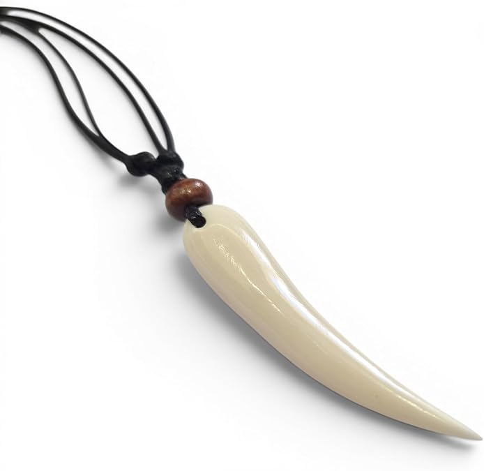 Hand Carved Natural Bone Wolf Tooth Pendant Bead Cord Necklace EA151