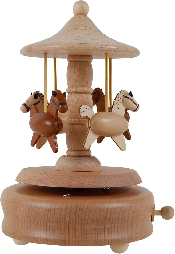 Wooden Carousel Music Box, Clockwork Vintage Merry-Go-Round, Beautiful Handmade Wood Musical Boxes, Exquisite Crafts for Birthday/Christmas/Decoration/Gifts