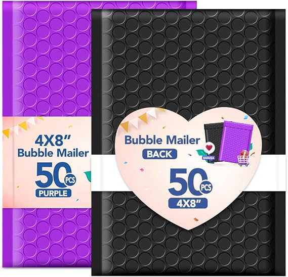 GSSUSA Bubble Mailers Purple 4x8" 50PC + Black 4x8" 50PC, Usable Size 4X7" Bubble Envelopes for Small Business, Padded Envelope, Shipping Mailers, Packaging Bags, Mailing Envelopes, Shipping Supplies