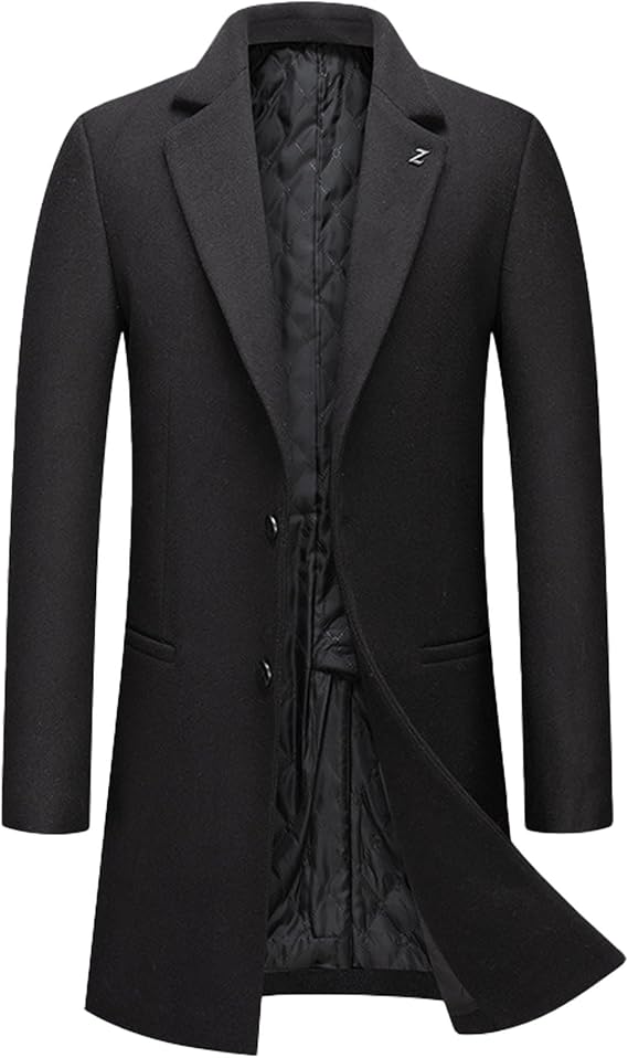 SOMTHRON Men's Wool Blend Trench Coat Single Breasted Notched Lapel Mid Long Winter Peacoat Overcoat with Pockets