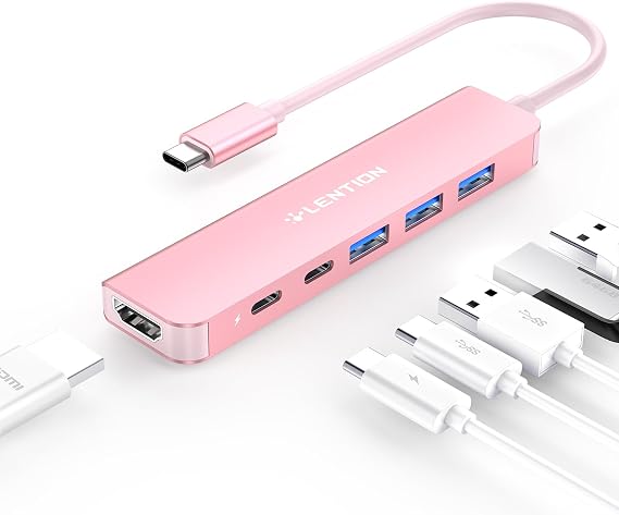 LENTION 6-in-1 USB C Hub, 4K@60Hz HDMI, 100W PD, 3 USB 3.0, USB-C Data | Ideal for Work & Study, Stable Driver 3.0 Certified, Compatible with macOS, iOS/iPadOS, Windows & ChromeOS (CE35p, Rose Gold)