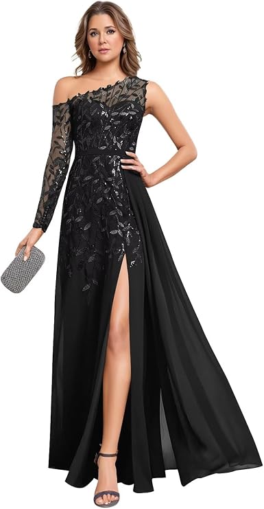 Sparkly Sequin Mother of The Bride Dresses for Wedding One Shoulder Lace Applique Long Sleeve Formal Evening Gowns