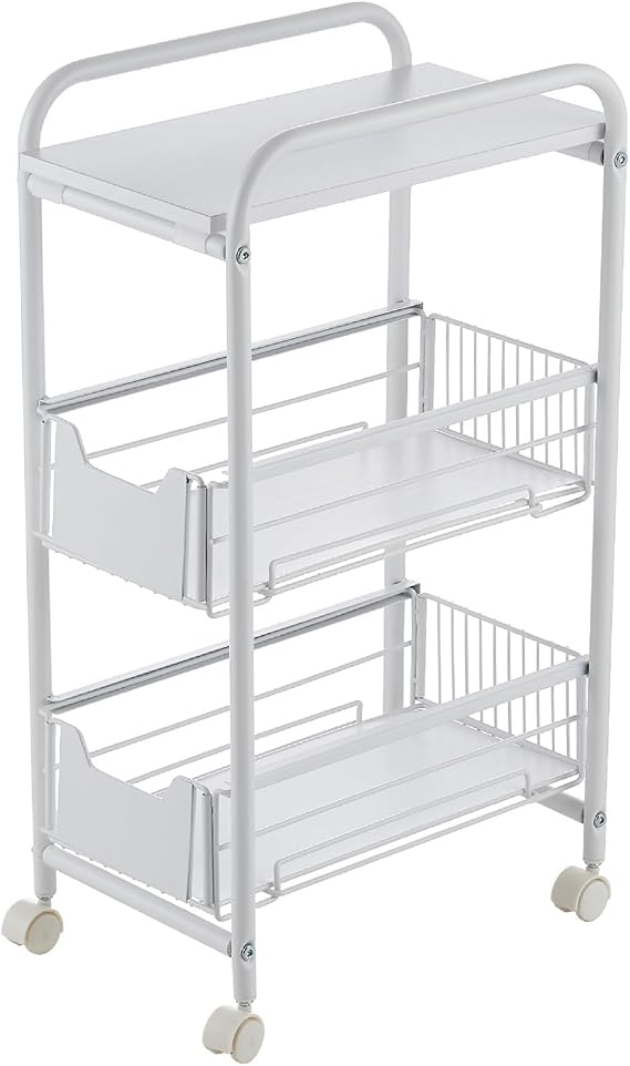 Slim Rolling Cart,Narrow Kitchen Storage Cart on Wheels, Slim Laundry Rolling Cart with Pull-Out Baskets for Kitchen Living Room Dining,White,3 Tier