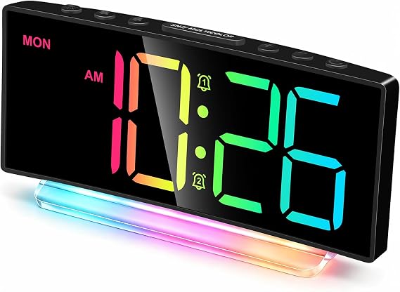 Cadmos Digital Alarm Clock - Extra Loud for Heavy Sleepers Adults Teens Kids, Rainbow Bedside Clock for Bedrooms, Large Display, 7 Color Night Light, Weekday & Weekend, 12/24h (Black+Dynamic)