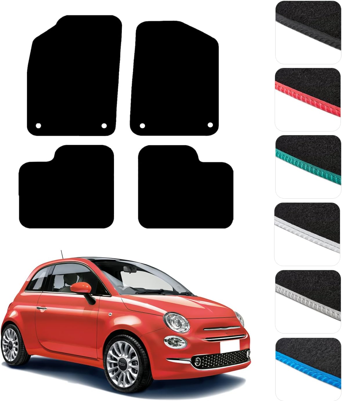 GCM - Car Floor Mats for Fiat 500 2012 To Present (Not Fit hybrid & Electric) Floor Protection - Anti Slip Car Mat with Clips Easy to Clean Car Carpet for All-Weather- Black Edging, Carpet