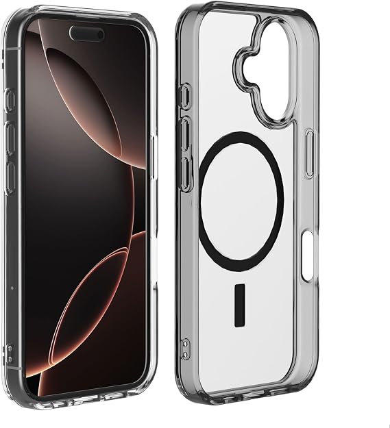 iPhone 15 Proケース、MagSafe対応、透明耐衝撃ブラック電話ケース
