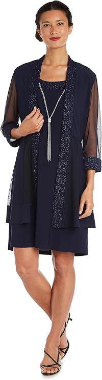 R&M Richards Women's Elegant 2-Piece Shift Dress with Pleated Shimmer Duster Jacket for Mother of the Bride, Cocktail Attire Navy