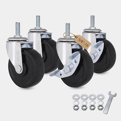 AXL 3 Inch Caster Wheels Set of 4, Heavy Duty 3/8"-16 x 1 Threaded Stem Swivel Casters with Brakes, Quiet PVC Replacement for Clothing Garment Rack, Whiteboard, Wire Shelving & Garment Racks