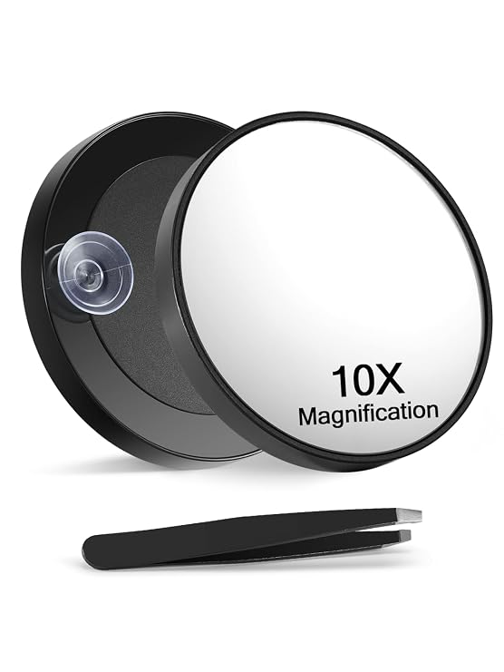 Macaki 10x Magnifying Mirror Suction Cup, Makeup Mirror, 3.5 in, Black | Portable Magnifying Mirror, for Bathroom Bedroom Office, Blackheads, Eyeliner, Travel Mirror with Magnification, Tweezers