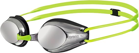 ARENA Tracks Unisex Junior Youth Essential Racing Swim Goggles Ages 6 to 12 Kids Swimmers Young Racers Anti-Fog Coated Mirror Lens, Silver/Black/Fluo Yellow