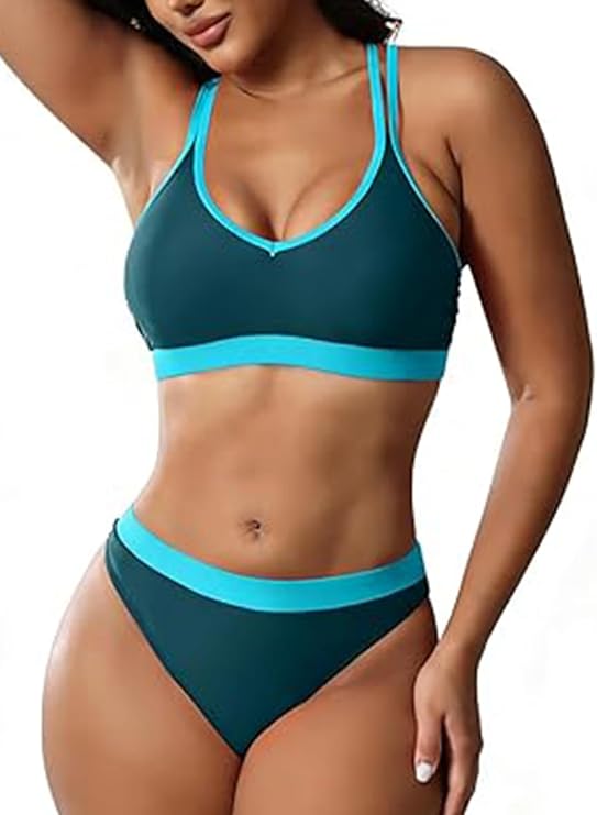 YELAIVP Women's Solid Racerback Athletic Bikinis Sporty Two Pieces Swimsuit Junior Teen Girls Sports Bathing Suits