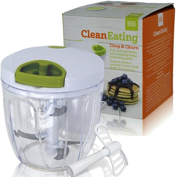 Hand Chopper Manual Food-Processor - Pull String to Slice Vegetables, Onions, Garlic, Meat, Nuts in Seconds - Curved Stainless Steel Removable Blades, Non-Slip Base, BPA-Free, Dishwasher-safe.