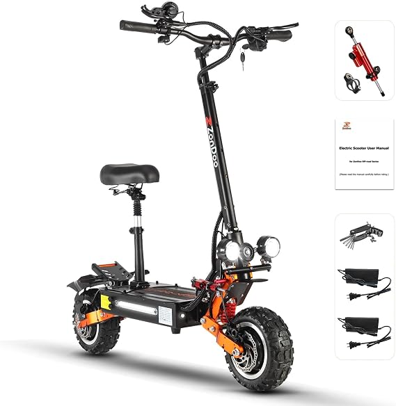 Electric Scooter Adults 53MPH Fast ZonDoo ZO01 Plus 6000W Dual Motors 60 Miles Long Range Offroad Tires Oil Hydraulic Brake Dual Suspensions All Terrain E Scooter with Seat & Damper
